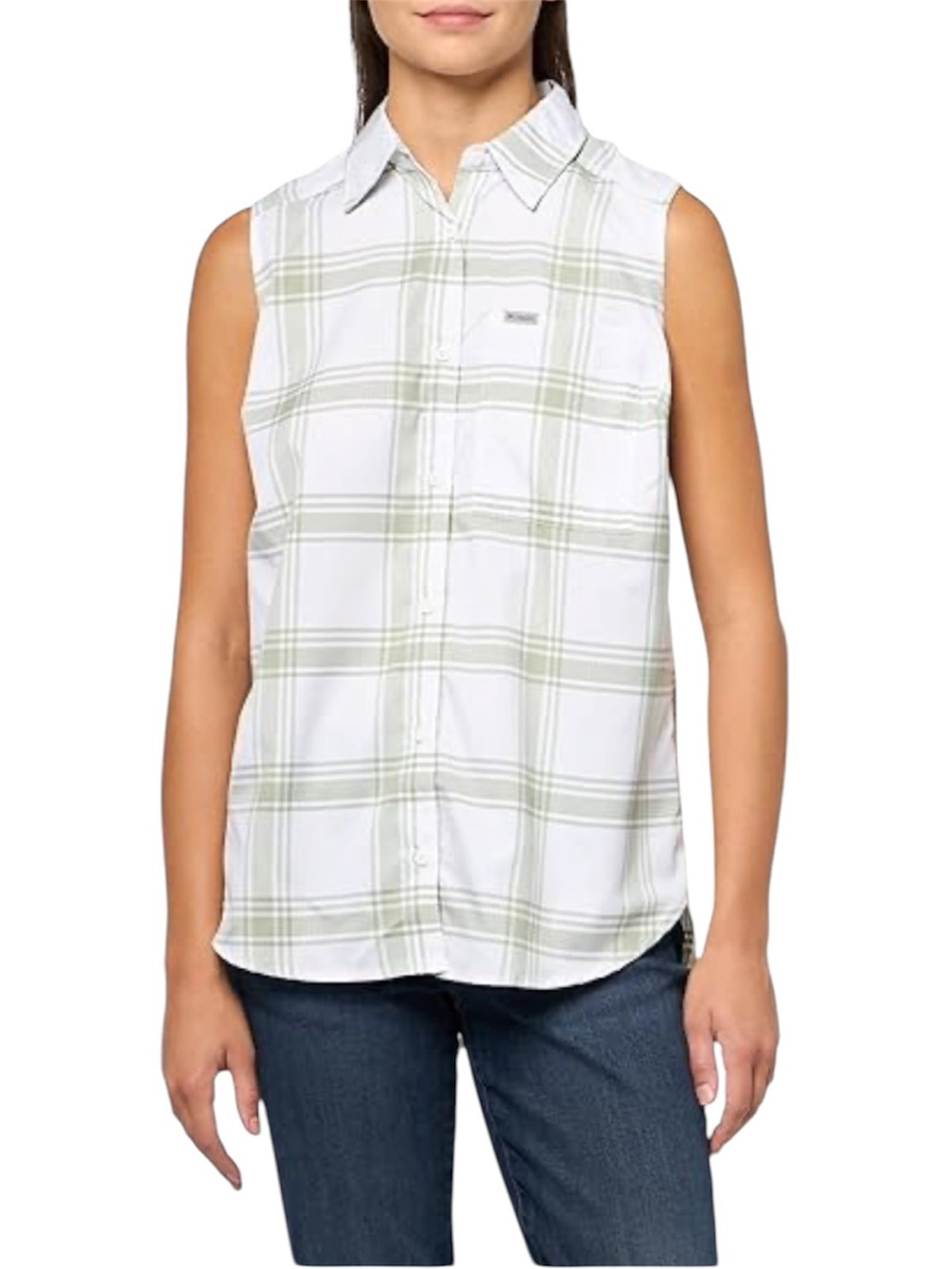 NWT Women’s Columbia Anytime Lite Sleeveless Shirt - Plaid Green/White - Large